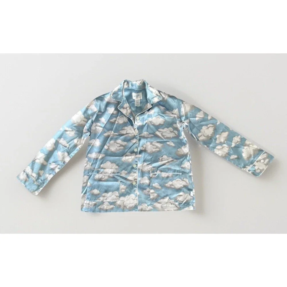 Nick and Nora Vintage Blue Cloud Print Satin Pajama Top Button Up Kids Sz M 7/8